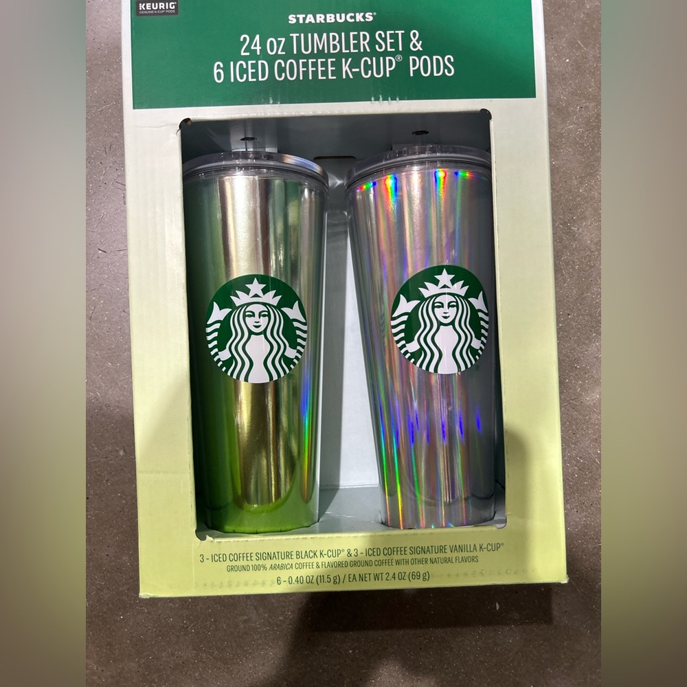 Starbucks 24 oz tumbler set & 6 iced coffee K-cup pods- new 2 cups per set